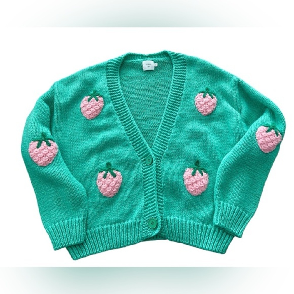 Anthropologie Luna Ivy Chunky Knit Pink Strawberry Cardigan Womens Medium Green
